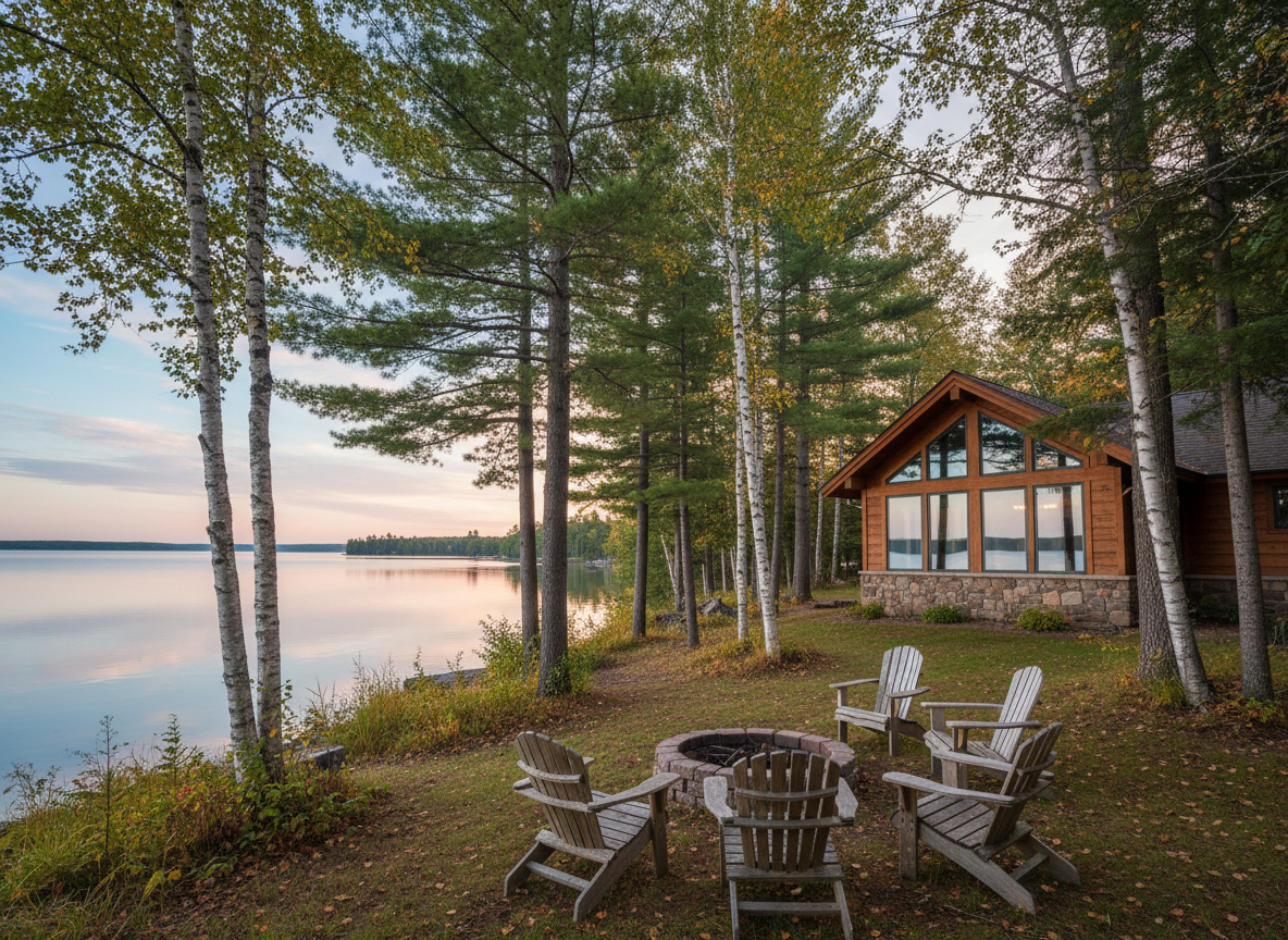 A serene lakeside property in Minnesota with a tasteful, craftsman-style cabin featuring natural wood siding and large windows facing the water. The cabin sits among tall pines and birch trees, with a simple stone firepit and Adirondack-style chairs arranged near the shoreline, all empty to avoid any people. The calm lake reflects the pastel hues of an early morning sky. Soft, diffused natural light wraps the scene, creating a tranquil, refreshing atmosphere. Shot in photographic realism from a three-quarter angle at eye level, the composition balances the cabin, trees, and water, conveying the allure of recreational and second-home properties in the region.