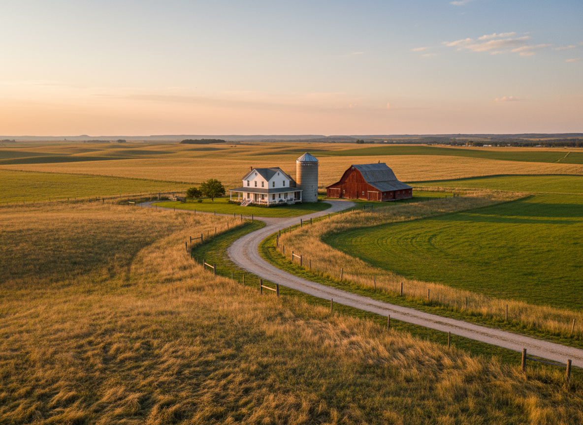 A picturesque rural South Dakota landscape featuring a well-kept farmhouse with a red barn and silver grain silo, surrounded by gently rolling fields of golden grass and patches of rich green pasture. A well-maintained gravel driveway leads toward the buildings, subtly guiding the eye. The image is captured during golden hour, with warm, low-angle sunlight creating long, soft shadows and highlighting textures in the barn wood and grass. The sky glows with soft oranges and blues. Photographed in realistic, high-resolution detail from a slightly elevated vantage point, the mood is peaceful, honest, and grounded, emphasizing rural and land real estate opportunities.