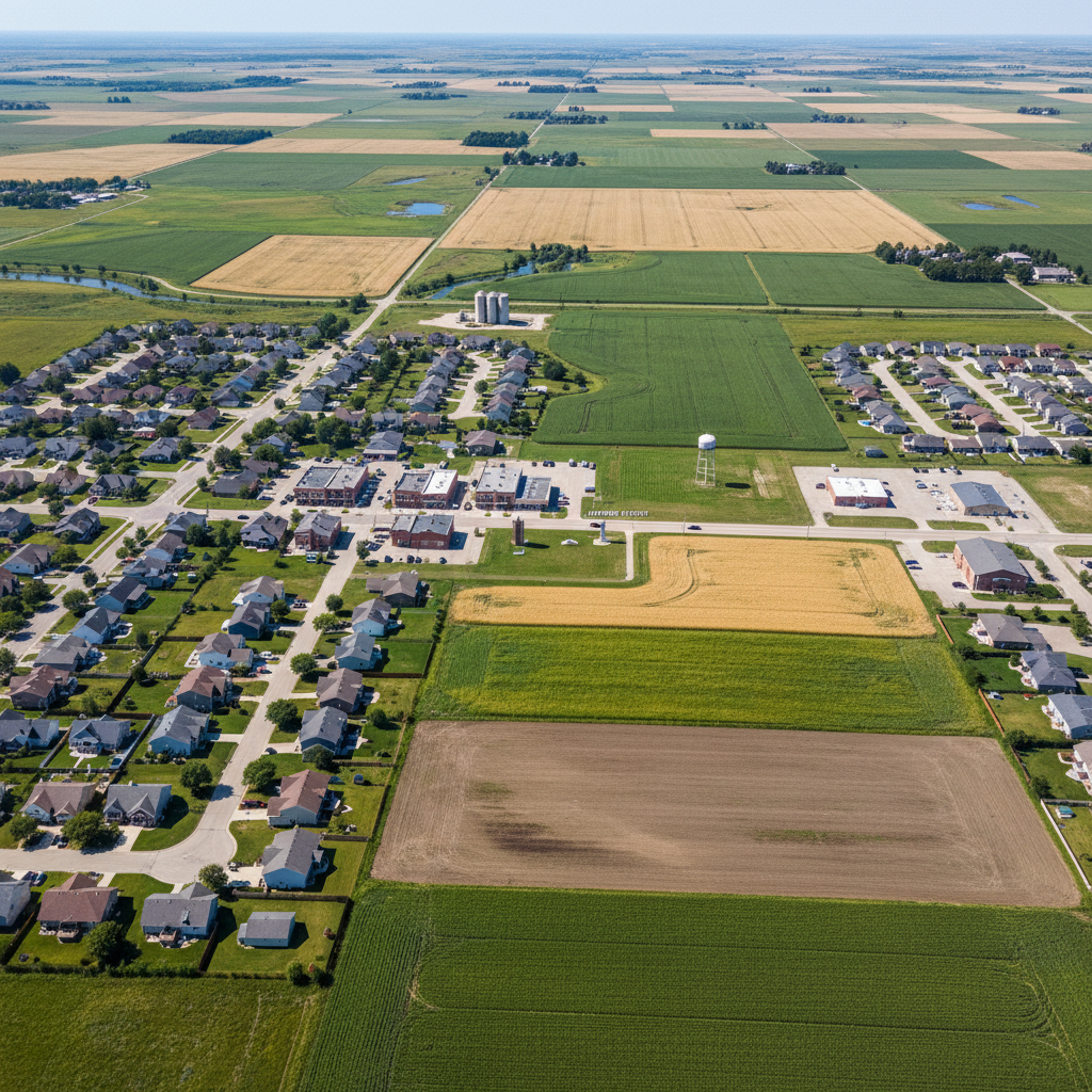 A panoramic aerial view of a mixed-use real estate area at the border of South Dakota and Minnesota, showing a seamless blend of residential neighborhoods, small-town main streets, and surrounding farmland. Neatly arranged houses with varied rooflines transition into open fields, while a modest downtown strip with brick storefronts anchors the horizon. Captured in bright midday sunlight with clear visibility, the colors are crisp and true-to-life. The composition emphasizes broad coverage and clear property lines, embodying professional, big-picture real estate guidance. The atmosphere feels optimistic and practical, ideal for illustrating market expertise across both states in a photographic, documentary style.