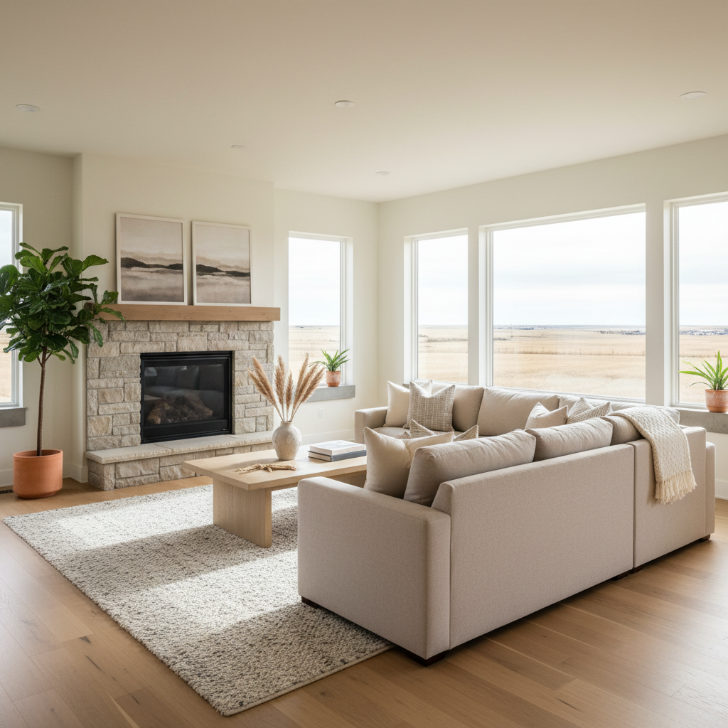 A spacious, bright living room staged for a South Dakota home listing, featuring neutral-toned furniture, a soft beige sectional sofa, a simple wooden coffee table, and a stone-framed gas fireplace. Large windows reveal a blurred hint of prairie landscape outside. Natural daylight floods the room, creating soft, even illumination and gentle shadows under the furniture. Decorative accents like a woven rug, a few potted plants, and framed abstract art maintain a clean, modern, professional look. Shot in photographic realism with a wide-angle lens from a corner perspective, the composition captures the full room, making it feel open, welcoming, and ideal for lifestyle-focused real estate marketing.