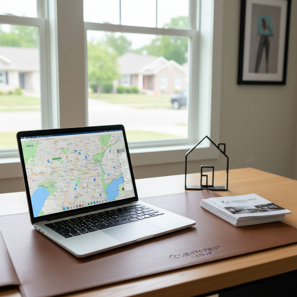 A bright, organized real estate workspace themed for the Clients First Group, featuring a clean wooden desk with a sleek laptop showing a map of South Dakota and Minnesota, next to a small stack of property brochures and a minimalist metal house-shaped sculpture. Behind the desk, large windows reveal a softly blurred residential neighborhood. Natural daylight streams in, creating soft, even illumination and subtle reflections on the laptop screen. The mood is professional, focused, and reassuring. Captured in photographic realism from a slightly elevated angle with shallow depth of field, the composition centers on the workspace, suggesting careful, detail-oriented guidance for buyers and sellers without showing any people.