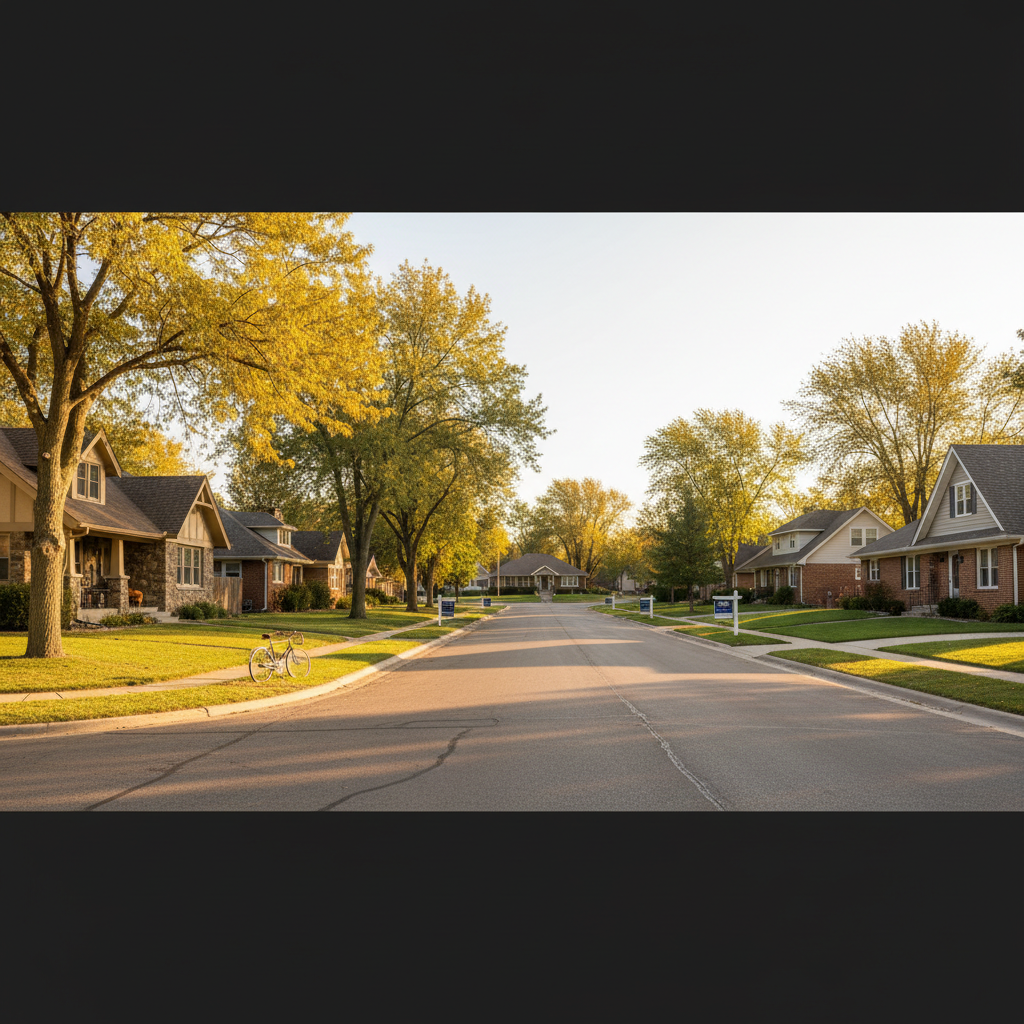 A welcoming suburban street in Sioux Falls, South Dakota, lined with well-maintained single-family homes at golden hour, conveying neighborhood pride and Sioux Falls residential real estate opportunities.